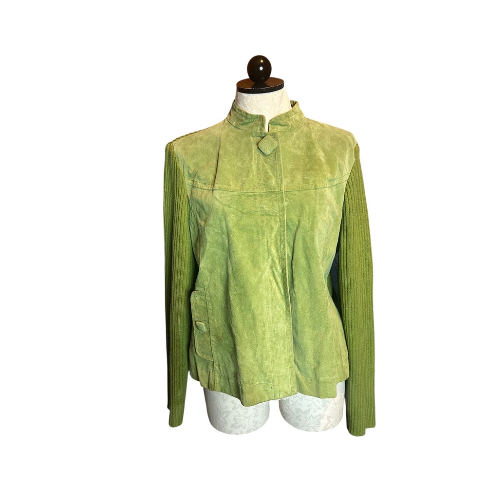 Live a Little VTG Green Leather Knit Mixed Media Jacket Suede Button Sz L